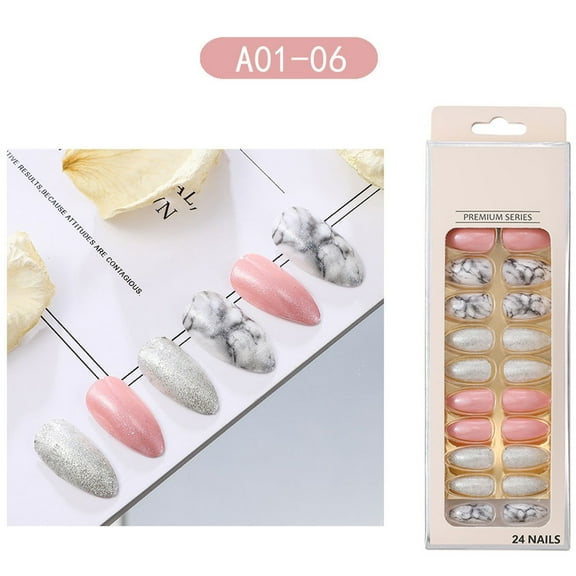 Water Drop False Nails 24 Pointed Nail Tips Enhancement Set Reusable Stick On Manicure Decorations