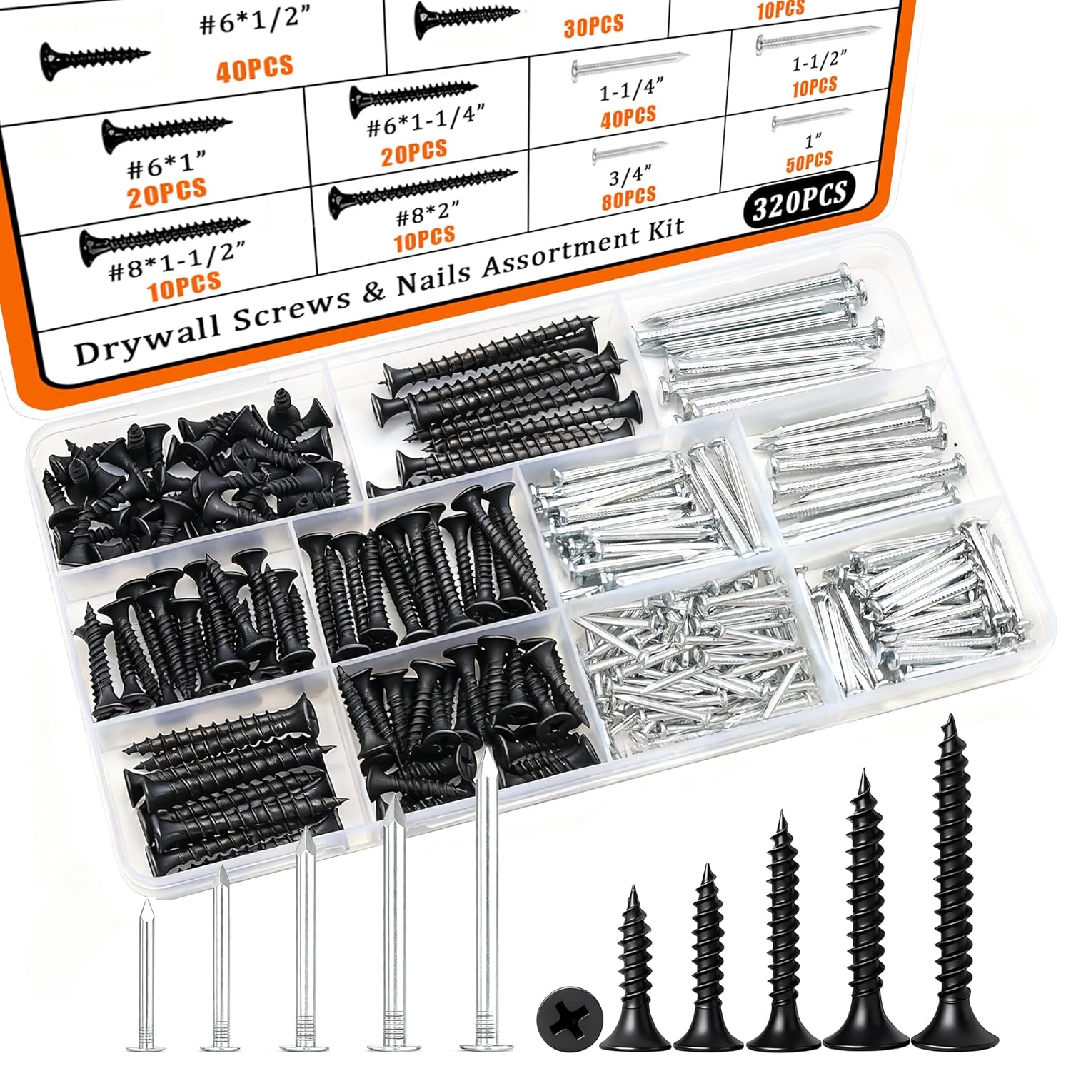 FIXLINK 300-Piece Drywall Screw Assortment Kit – 8 Sizes 1/2" To 2", Black Electrophoresis Coated, Carbon Steel, Phillips Flat Head