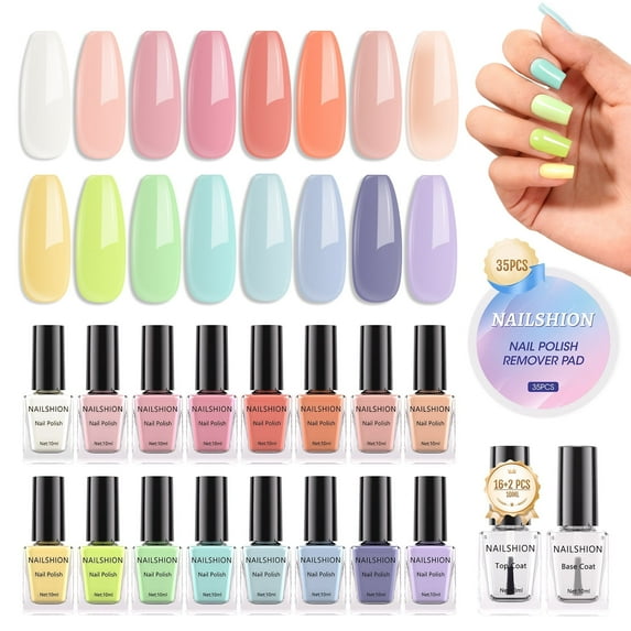 Nailshion Quick Air Dry Nail Polish Set, 16 Colors 10ML Macaron Nail Polish with Clear Base Top Coat and 35Pcs Remover Pads Spring Summer Regular Nail Lacquer Gift for Women Girls