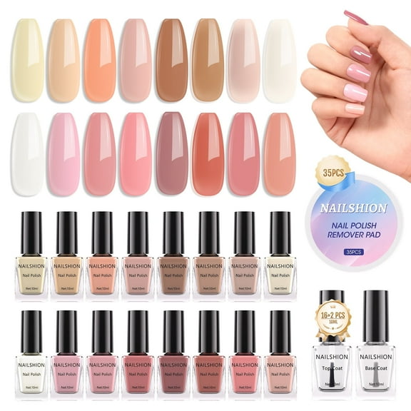 Nailshion Quick Air Dry Nail Polish Set, 16 Colors 10ML Nude Pink Peachy Nail Polish with Clear Base Top Coat and 35Pcs Remover Pads All Season Regular Nail Lacquer Gift for Women Girls