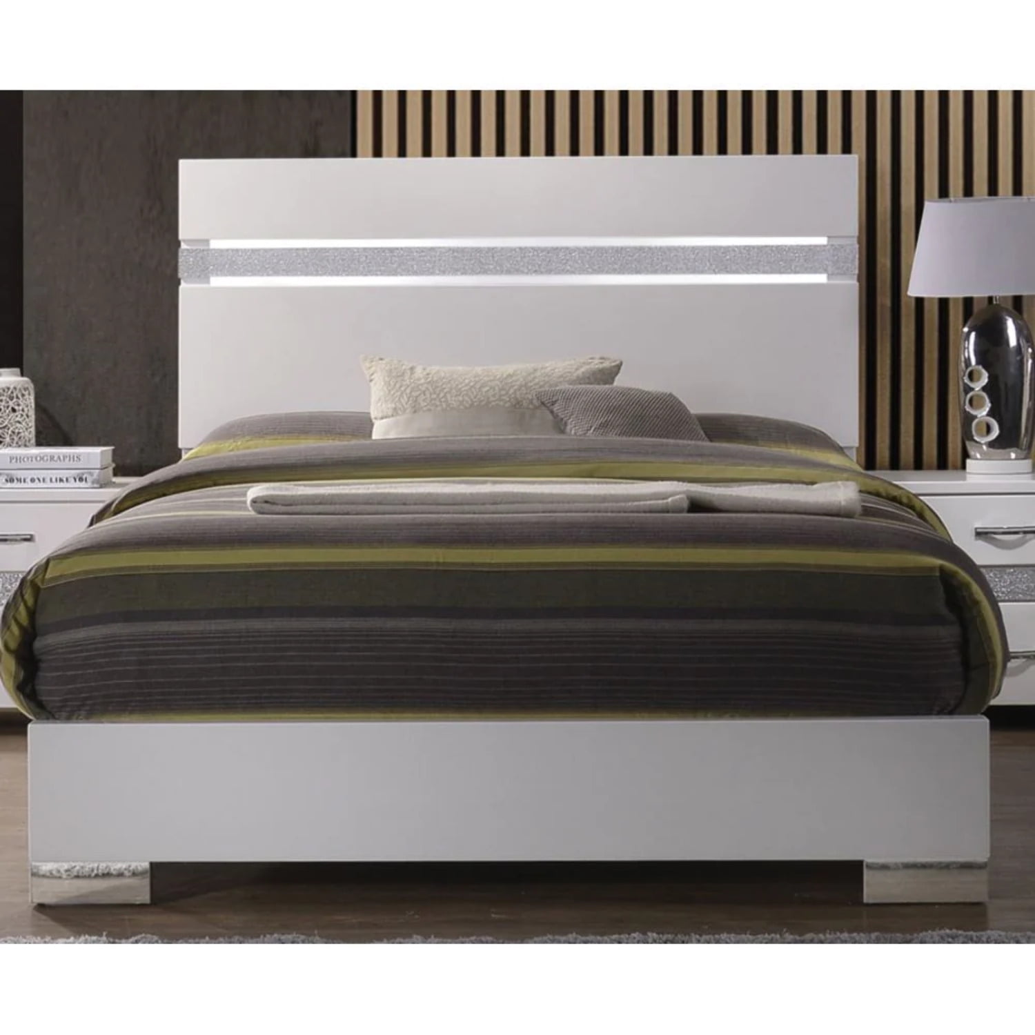 Luxe Bright White and Gray King Bed with Mirrored Accents