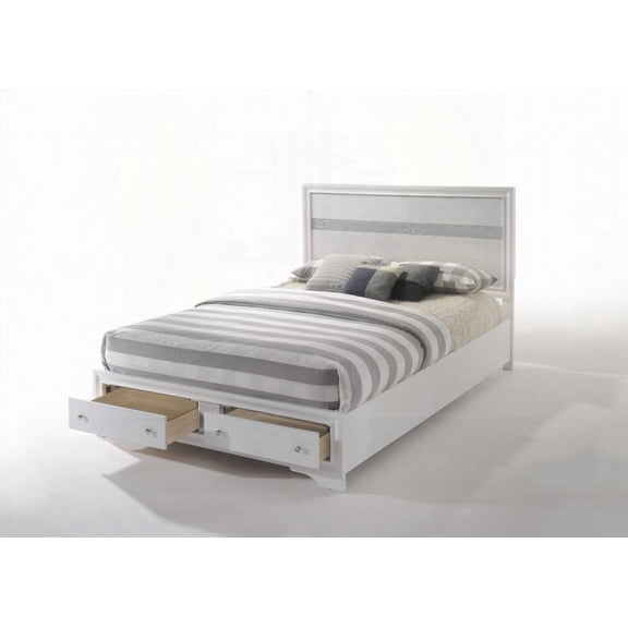 The Naima White Finish Queen Bed Features Storage, No Box Spring, 3 Slats & 5 Support Legs, Low Profile