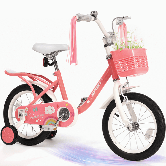 Naipo 12 Inch Kids Bike Boys Girls, Kid's Bikes with Training Wheels, Children Bicycle for Kids and Toddler Gift, Pink