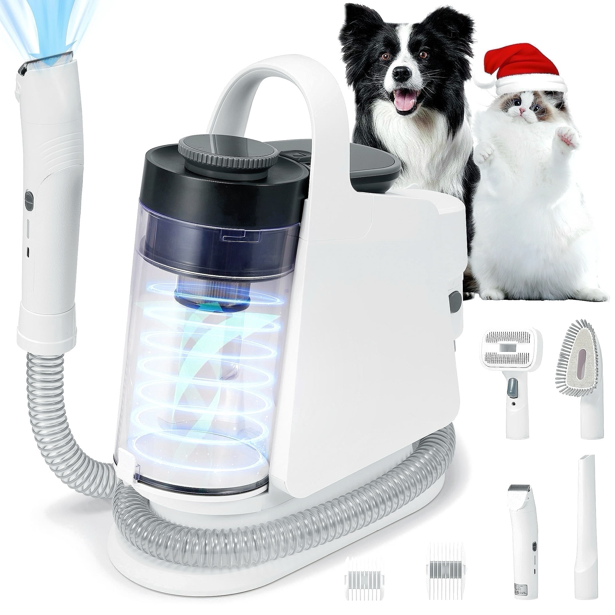 Naipo Pet Grooming Vaccum Kit, 5 in 1 Groom Kit for Dog/Cat ,with 6 Tools, 2L Large Dust Bin, 3 Sunction Modes, White