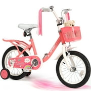 Naipo 14Inch Kids Bike for 3 -8 Years Girls Boys  with Handbrake 14" Children Princess Bicycle with Training Wheels Basket Streamer Toddler Cycle Bikes Pink