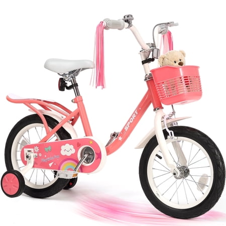 Naipo 14Inch Kids Bike for 3 -8 Years Girls Boys with Handbrake 14" Children Princess Bicycle with Training Wheels Basket Streamer Toddler Cycle Bikes Pink