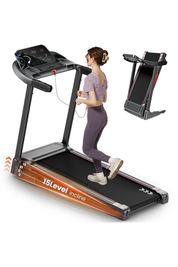 15 Level Auto Incline Treadmill with 3HP Smart APP 5W USB LED Display Speed Range 0.6-9mph Foldable Electric Treadmill 286 lbs for Home Use Workout