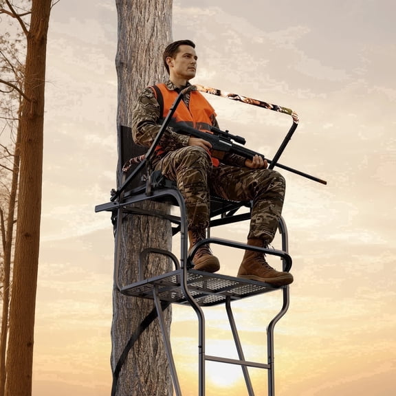 Naipo 18.7ft Hunting Ladder StandforDeerHunting With Adjustable Shooting Rail Wide Seat Hunting Stand 350lbs Capacity Full Body Harness HuntingTreeStand
