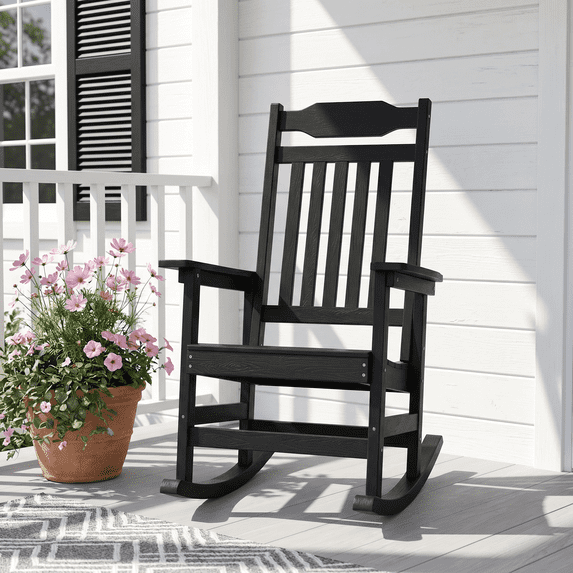 Naipo 1PC Patio Rocking Chair All-Weather, Oversized Porch Rocker Chair 400 lbs Weight Capacity, for Backyard, Fire Pit, Lawn, Garden, Outdoor and Indoor, Black