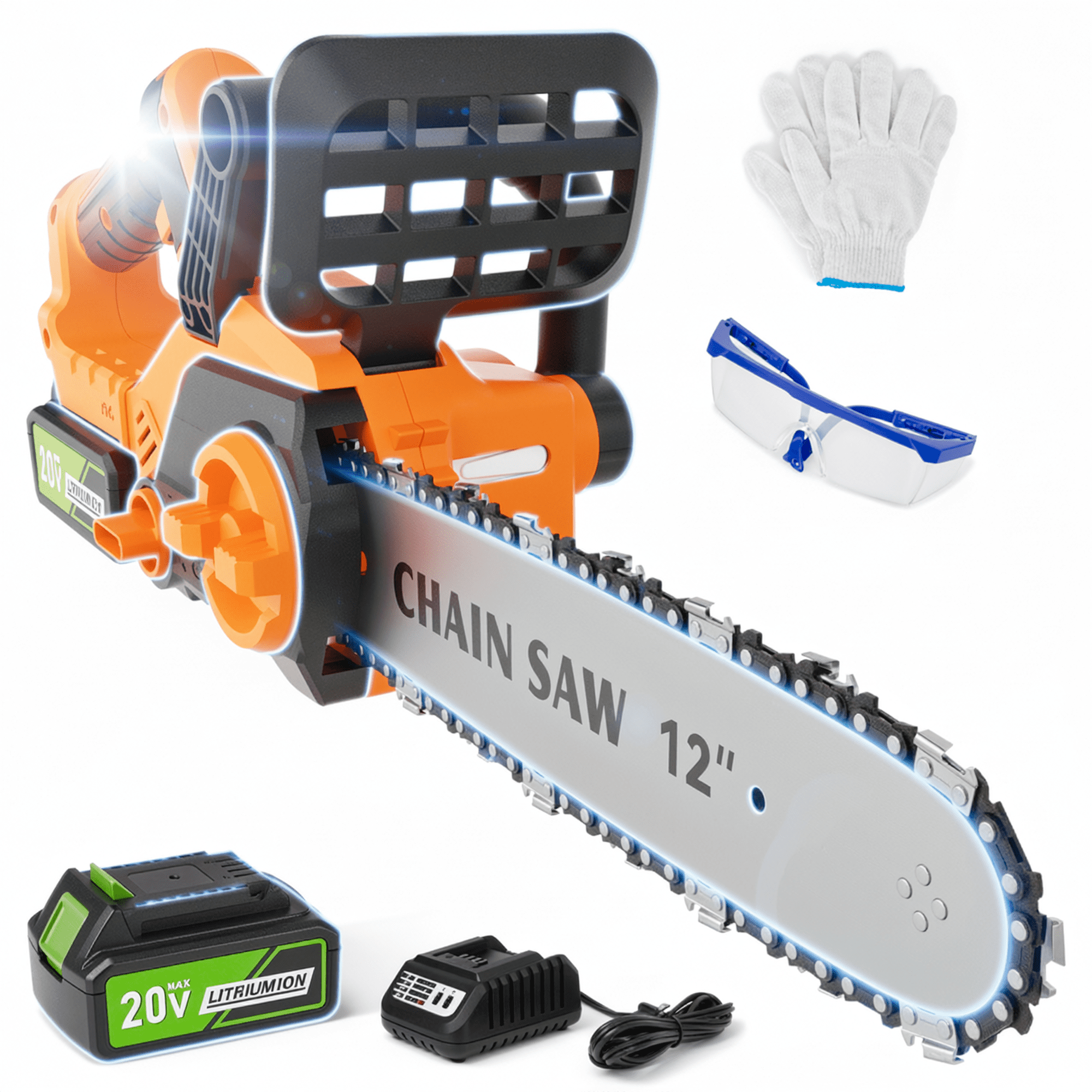 Naipo 20V 12-Inch Cordless Chainsaw,4500RPM Brushless Motor with and 4 ...