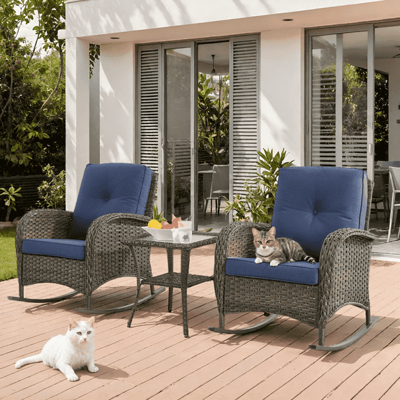 Naipo 3-Piece Outdoor Rocking Chair Set with Rattan Side Table - All-Weather PE Wicker Patio Furniture for Porch, Deck, Garden (Blue)