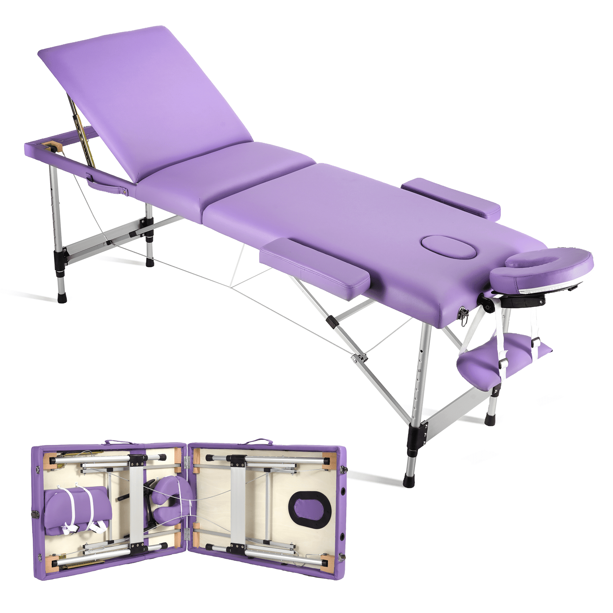 Naipo 3-Section Massage Table 73''Long 84'' Height Adjustable Folding with Aluminum Legs Carrying Bag for Salon Lash Treatments, Maximum Weight 661 lbs, Purple