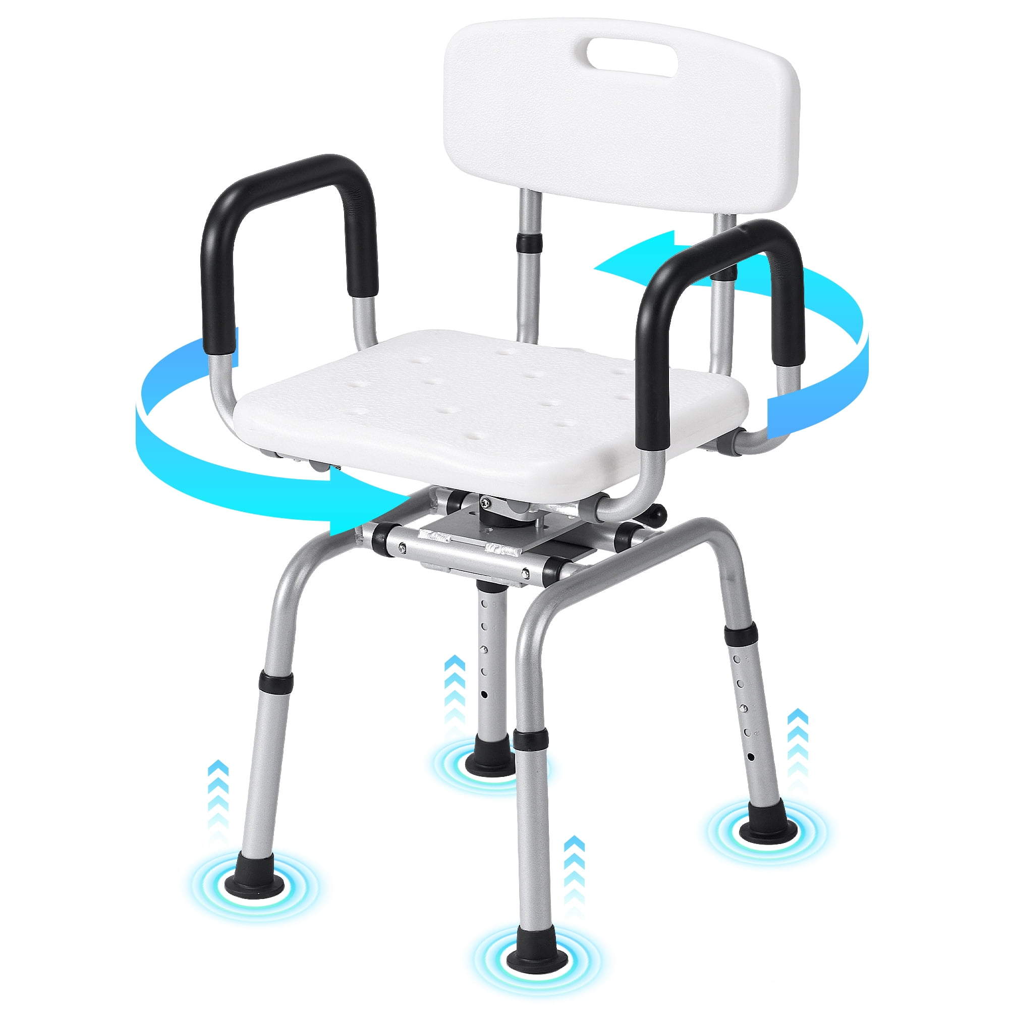 White Adjustable Height Swivel Shower Chair with Armrests and Back
