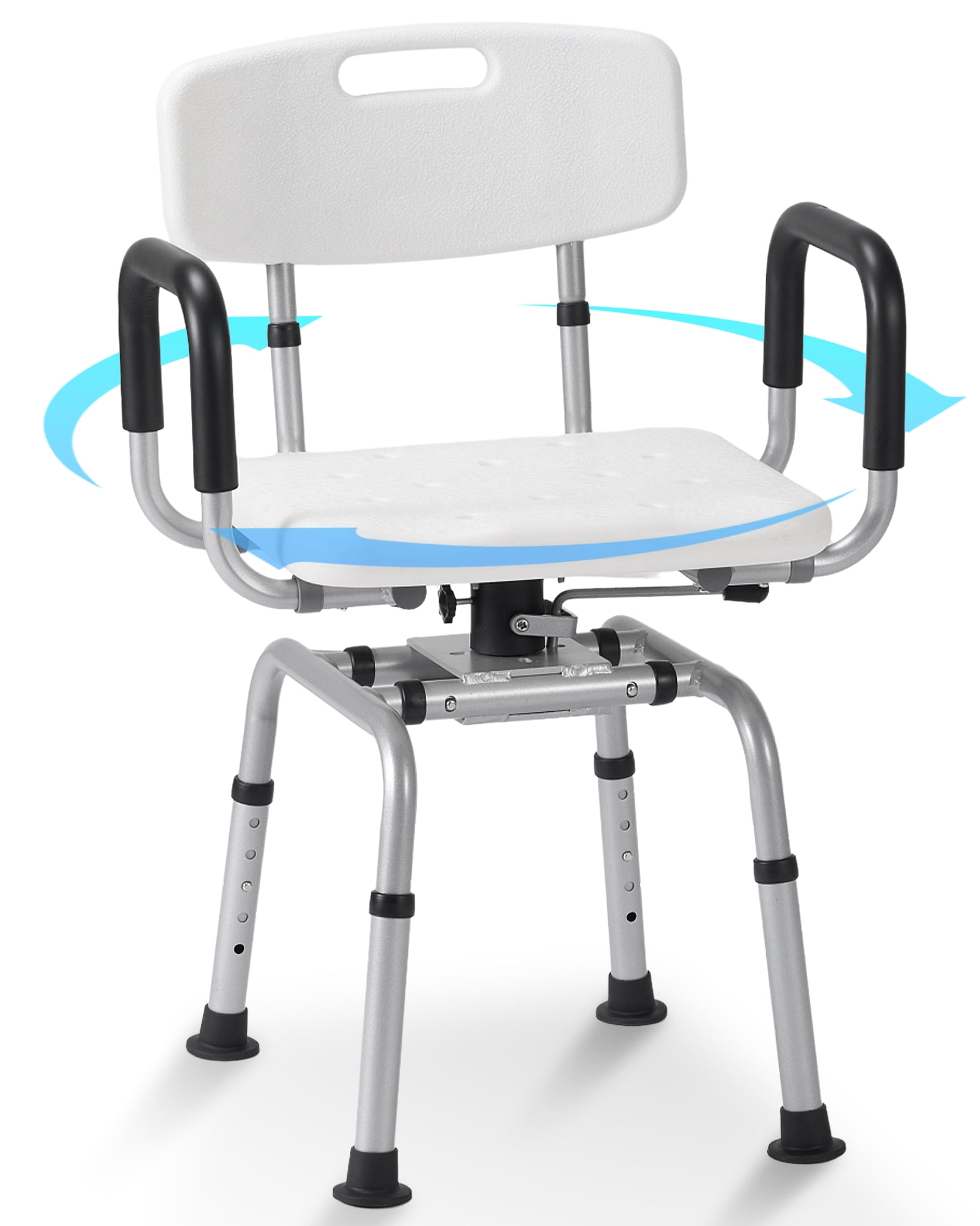 White Adjustable Height Swivel Shower Chair with Armrests and Back