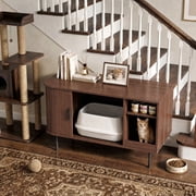 Naipo 37.4" Cat Litter Box Enclosure with Tambour Door,Litter Box Cabinet Furniture with Storage Shelf,Mat & Waterproof Liner,Mid-Century Brown