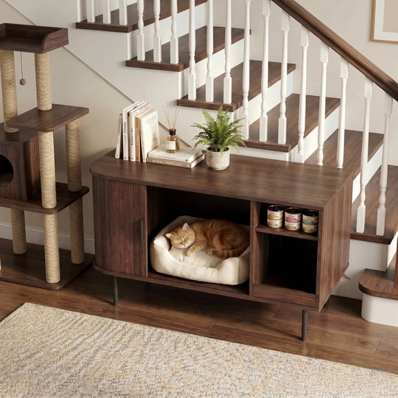 Naipo 37.4-inch Cat Litter Box Enclosure with Litter Mat&Sliding Door,2-in-1 Hidden Cat Litter Furniture with Storage Compartment,Walnut