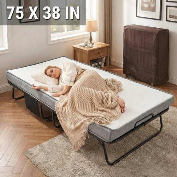 Naipo 38 in  Folding Bed with Mattress 75 in x 38 in  Rollaway Bed Portable Side Pocket and 360 Degree Universal Wheel for Adults and Guest