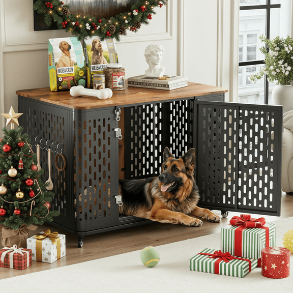 Naipo 38" Heavy Duty Dog Crate Furniture, Chew Proof Prevent Escape Metal Kennel for High Anxiety Dogs, Wooden Side Table,Decorative Coffee Table, Indoor Cage with Cushion, Rustic Brown