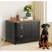 Naipo 38" Heavy Duty Dog Crate Furniture, Chew Proof Prevent Escape Metal Kennel for High Anxiety Dogs, Wooden Side Table,Decorative Coffee Table, Indoor Cage with Cushion, Rustic Brown