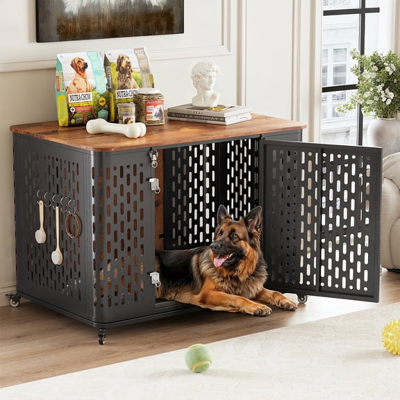 Naipo 38" Heavy Duty Dog Crate Furniture, Chew Proof Prevent Escape Metal Kennel for High Anxiety Dogs, Wooden Side Table,Decorative Coffee Table, Indoor Cage with Cushion, Rustic Brown