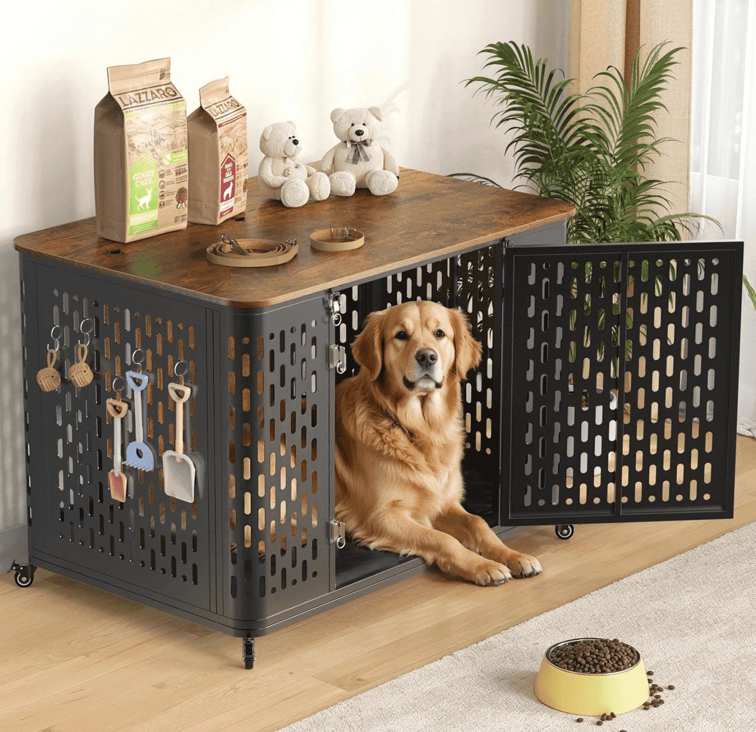 Naipo XL Heavy Duty Dog Crate Furniture, 43.7" Large Metal Dog Kennel, Chew Proof  Prevent Escape for High Anxiety Dogs,  Indoor Indestructible Dog Kennel, Rustic Brown