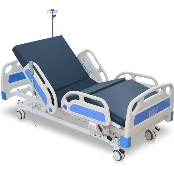 Naipo 5 Function Full Electric Hospital Bed, ICU Electric Medical Bed, 5-Inch Locking Casters, IV Pole for Home Hospital Use, 530lbs Capacity