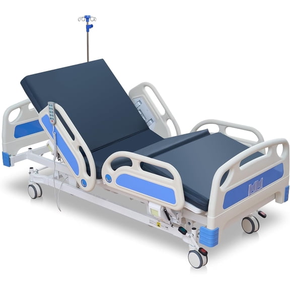 Naipo 5 Function Full Electric Hospital Bed, ICU Electric Medical Bed, 5 inch Locking Casters, IV Pole for Home Hospital Use, 530lbs Capacity