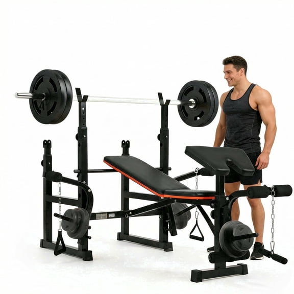 Naipo 7-in-1 Weight Bench with Dual Barbell Racks Adjustable Weight Bench 5-Level Height 4-Level Backrest Weight Bench Set Type for Home Gym 600lbs Full Body WorkoutNot Include Dumbbells