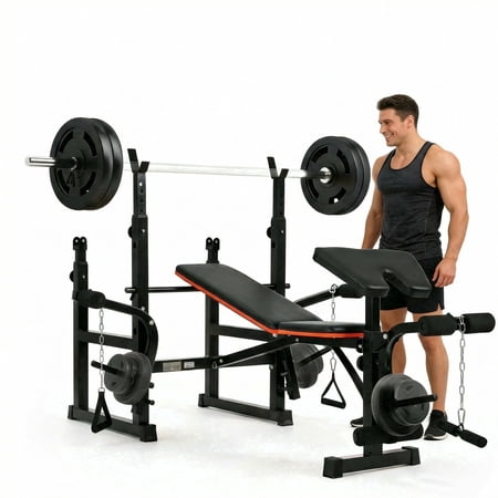 Naipo 7-in-1 Weight Bench with Dual Barbell Racks Adjustable Weight Bench 5-Level Height 4-Level Backrest Weight Bench Set for Home Gym 600lbs Full Body Workout(Not Include Dumbbells)