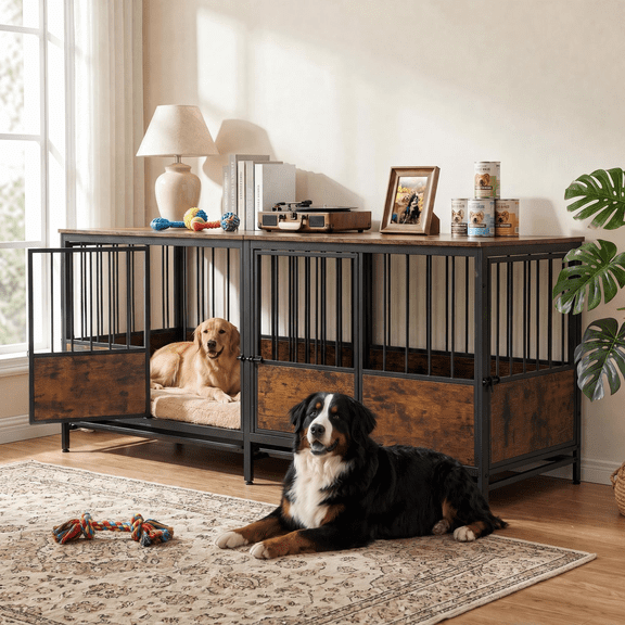 Naipo 77.36 inch Double Dog Crate Furniture,Indoor Heavy Duty Dog Kennel with 2 Removable Tray for 2 Large Dogs, Brown