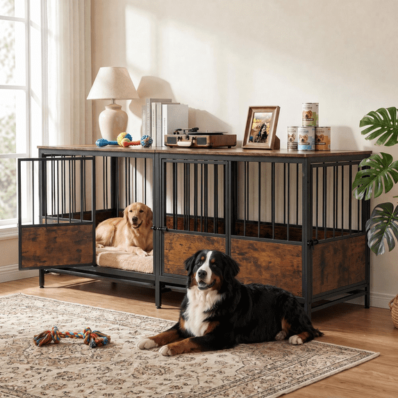 Naipo 77.36 inch Double Dog Crate Furniture,Indoor Heavy Duty Dog Kennel with 2 Removable Tray for 2 Large Dogs, Brown