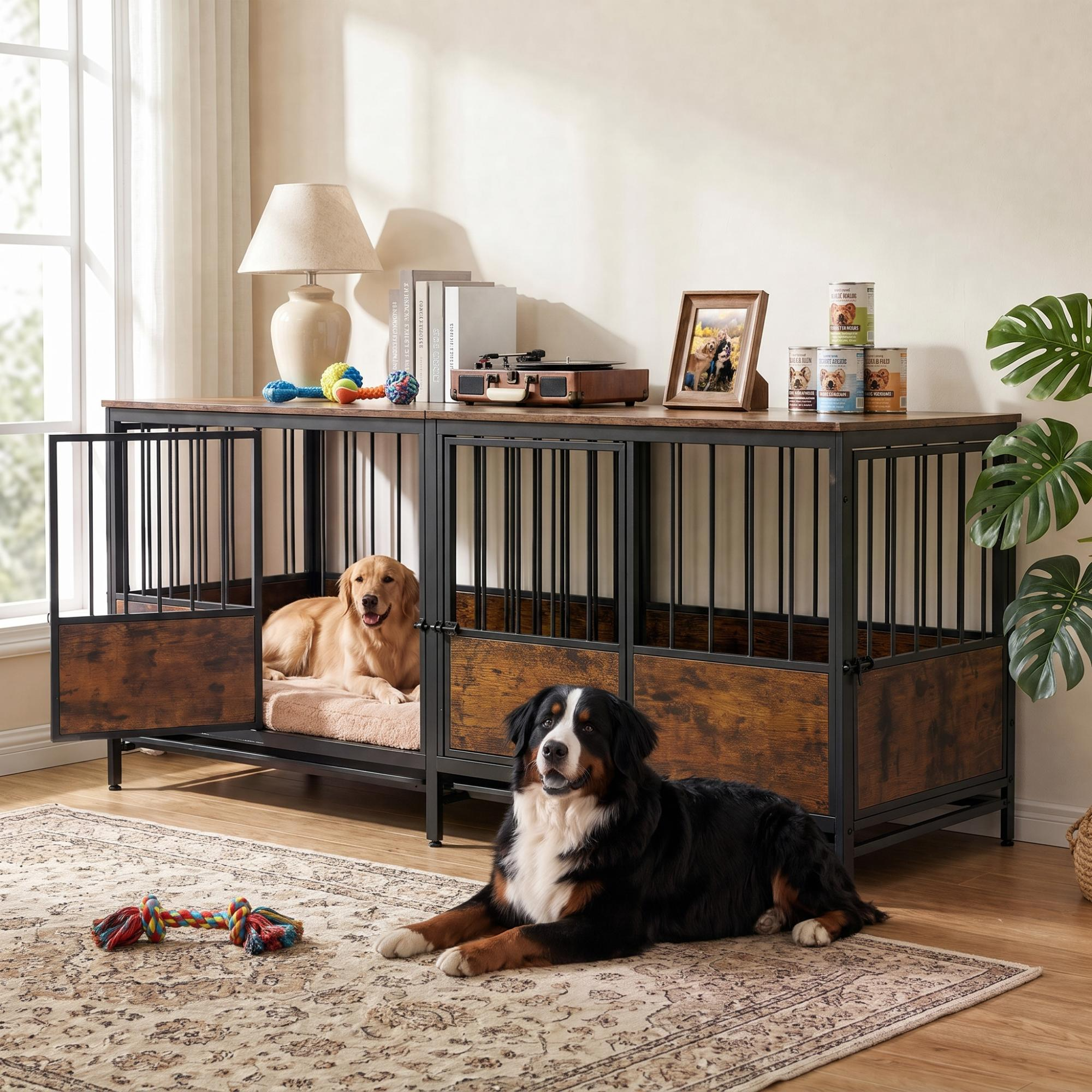 Naipo 77.36 inch Double Dog Crate Furniture,Indoor Heavy Duty Dog Kennel with 2 Removable Tray for 2 Large Dogs, Brown