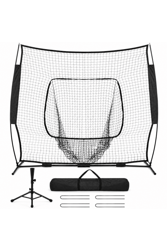 7X7ft Baseball Net with Adjustable Baseball Tee Portable Softball Hitting Net for Hitting and Pitching with Carry Bag BLACK