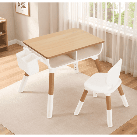 Naipo Adjustable Toddler Table and Chair Set with Drawer and Basket, Kids Furniture for Reading, Drawing, Eating, Preschool, Ages 3-8, White