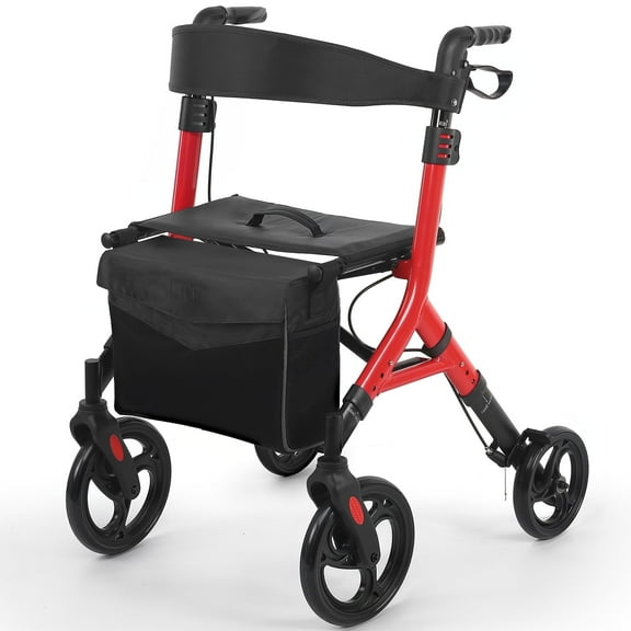 Naipo All Terrain Rollator Walker for Seniors with Seat and Storage Bag, Lightweight Compact Folding Rolling Walkers with 10 inch Rubber Front Wheels, Red