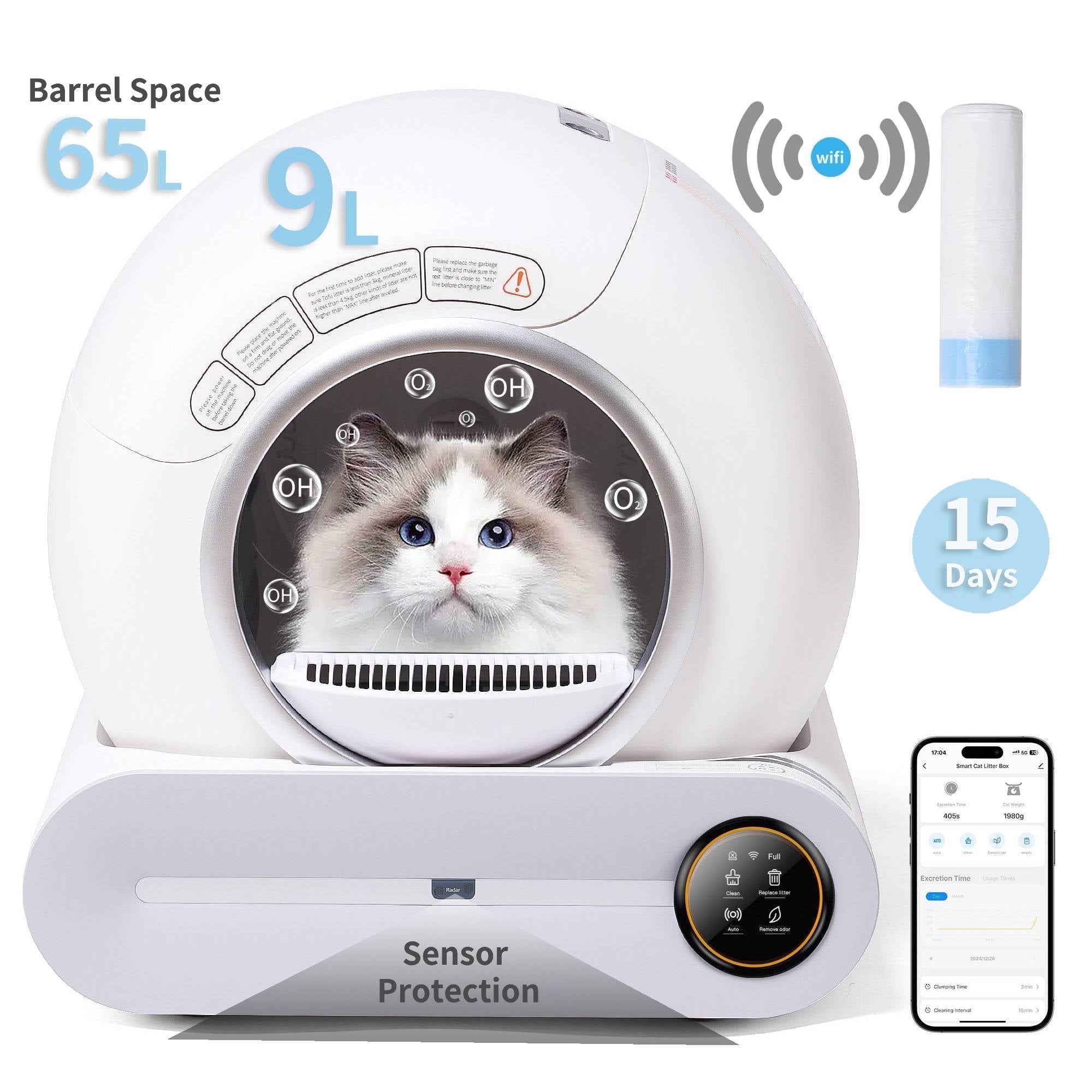 Naipo Automatic Self-Cleaning Cat Litter Box, APP Control and Integrated Safety Protection, 68L+9L Large Capacity, for Large/Multiple Cats,White
