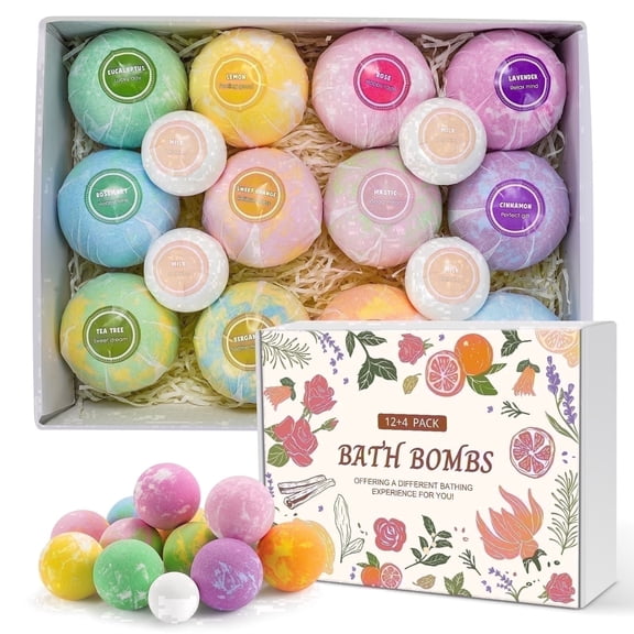 Naipo Bath Bombs,16 PCS Gift Set Bubble Bombs 12 Bath Bombs and 4 Foot Bath Balls with 12 Scents,Shea & Coco Butter Dry Skin Moisturize,Natural Organic Fizzy Spa Handmade Gift for Friends Women