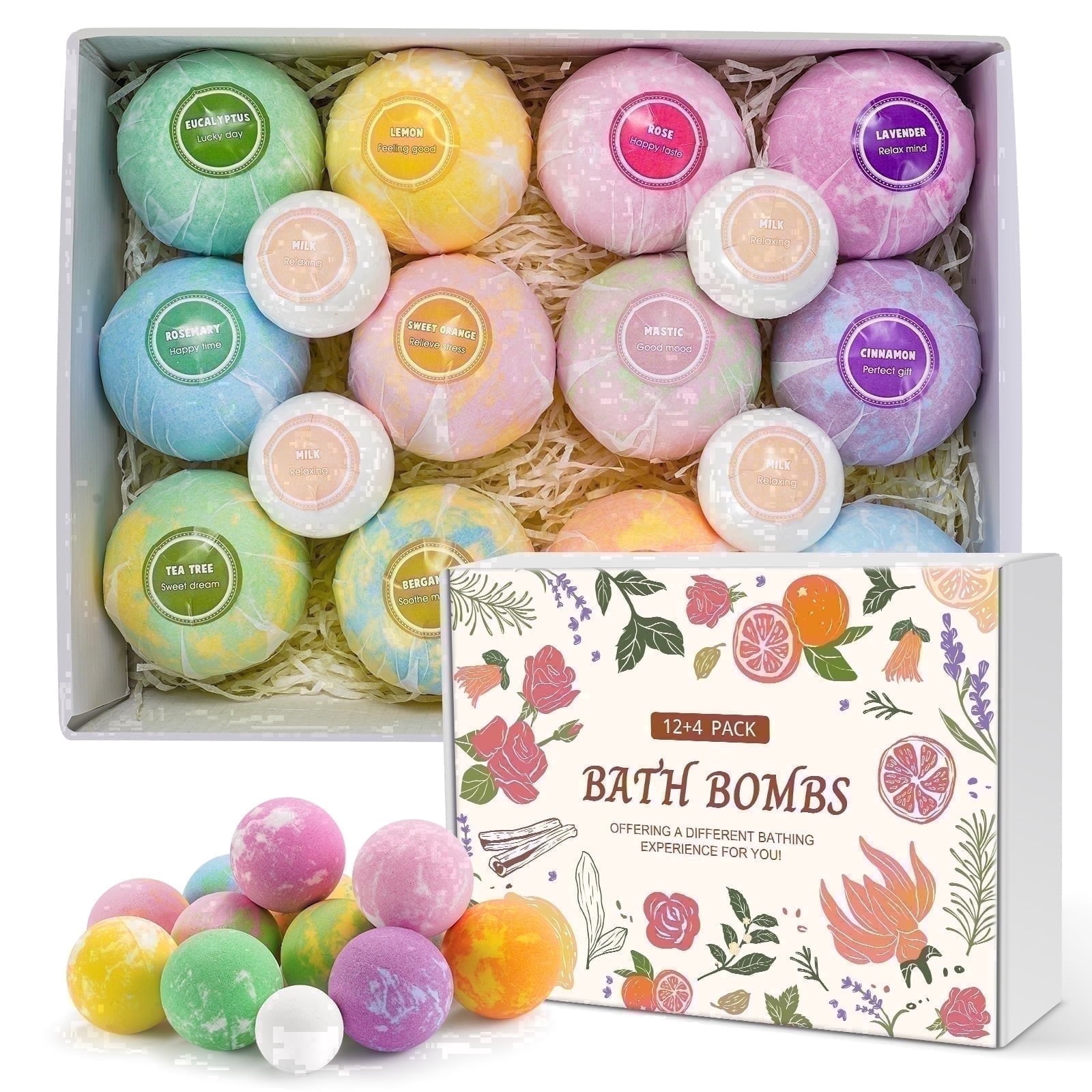 Naipo Bath Bombs,16 PCS Gift Set Bubble Bombs 12 Bath Bombs and 4 Foot Bath Balls with 12 Scents,Shea & Coco Butter Dry Skin Moisturize,Natural Organic Fizzy Spa Handmade Gift for Friends Women