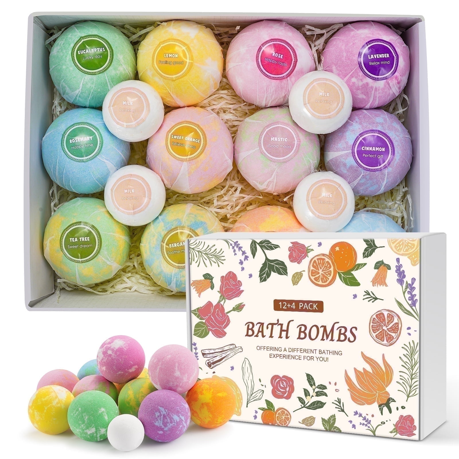 Naipo Bath Bombs 12 PCS Gift Set, Bubble Bombs Bath Kit 12 Bath Bombs and 4 Foot Bath Balls with 12 Scents, Colorful Natural Fizzy Spa Handmade Gift for Friends Women