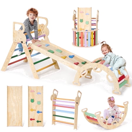 Naipo Pikler Triangle Set,Climbing Frame 8 in 1 Toddler,Wooden Climbing Indoor Kids Playground,Jungle Gym Play Set for Toddler,Baby,3-Piece Rainbow