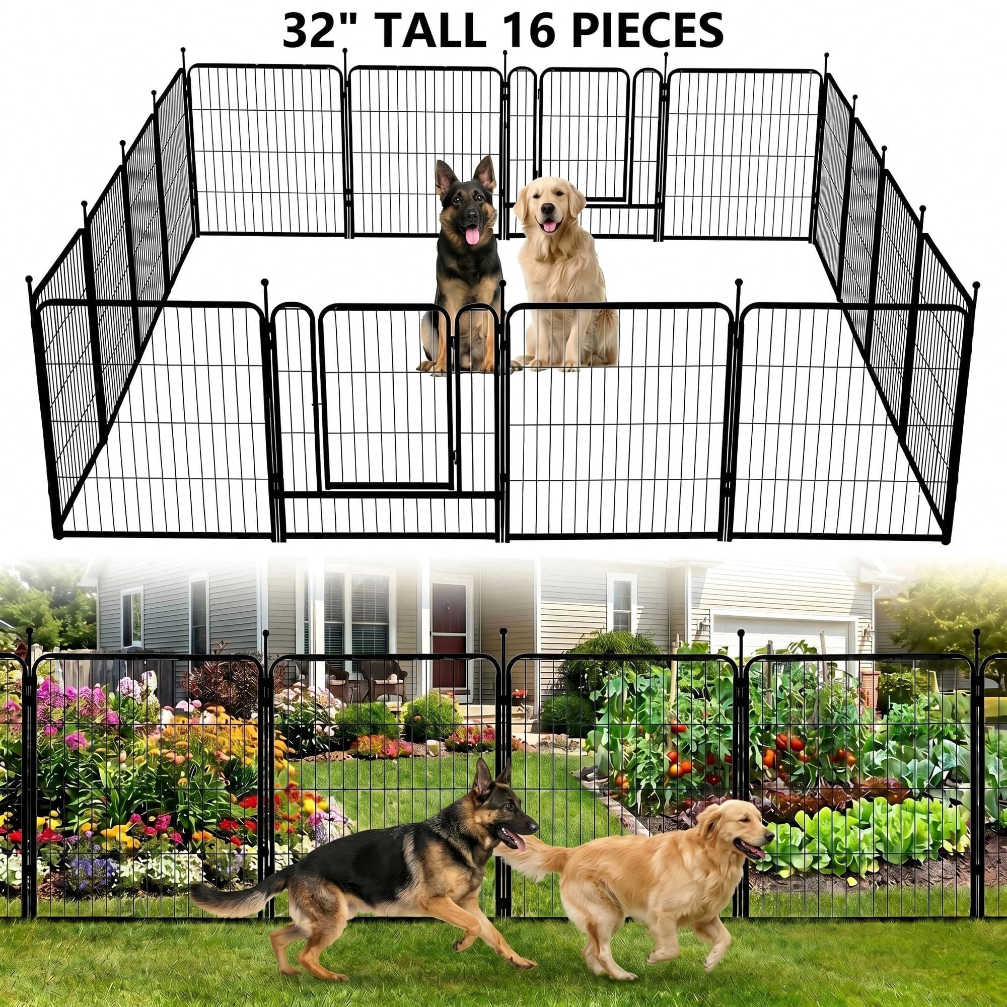 Naipo Dog Playpen for Large Dogs, 32in 16 Panels Portable Dog Fence, Outdoor Playyard for Dog/Puppy, Portable, Black