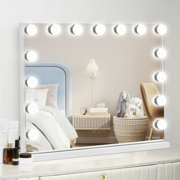 Naipo Hollywood Vanity Mirror with Lights 23" x 18" Large Led Makeup Mirror with 15 Bulbs LED 3 Color Modes & USB Charging Port Aluminum Metal Frame, White