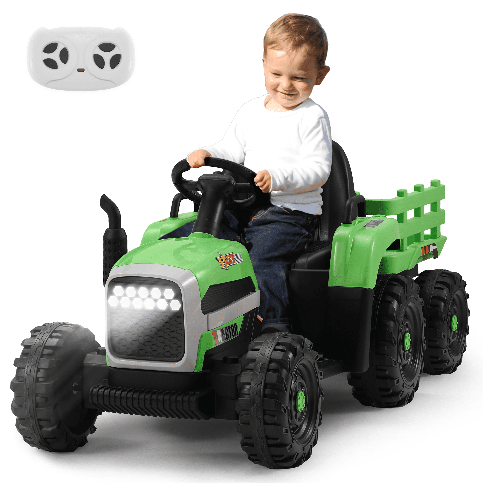 Naipo Kids Ride on Tractor Ride on Toys for Kids Electric Tractor with Trailer 12V Kids' Electric Vehicles Remote Control Tractor Toys with LED Light (Green)