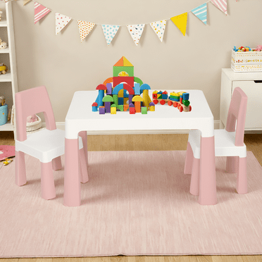 Naipo Kids Table and 2 Chairs Set, Plastic Toddler Table, Graffiti Tabletop, Age 3-8,with Storage Drawers,for Reading, Drawing, Eating, Study, Arts and Crafts,Pink/White