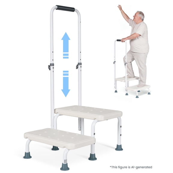 Naipo Medical 2 Step Stool with Handle for Seniors,bedside Stair Stool with Adjustable Handrail and Non-Skid Platform,Holds up to 300 lbs for Kitchen,RV,Car,Bathtub