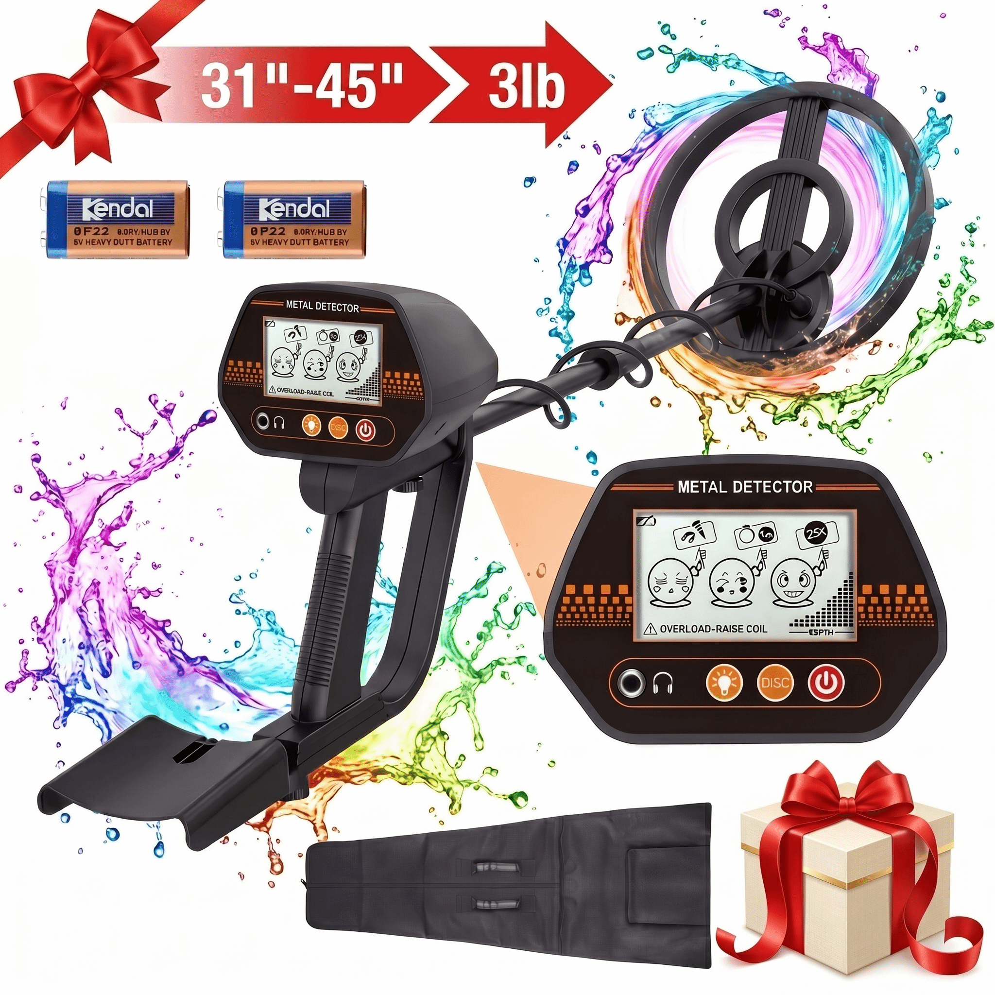 Naipo Metal Detector 3 Modes Black LCD Display Battery Metal Detector 24"-45" Adjustable Metal Finder for Adults and Kids, 3 Audio Tone & DISC Modes, Gift