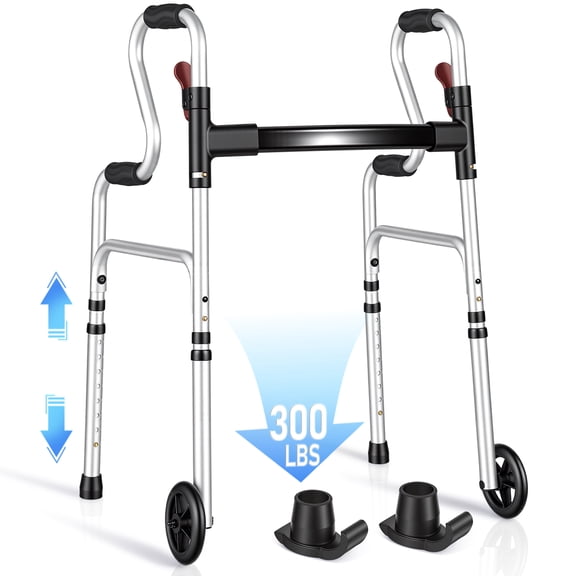 Naipo Narrow Folding Walker for Seniors 3 in 1 Folding Walker with 5 inches Front Wheels Width Adjustable Compact Standard Walker Support Up to 300lbs