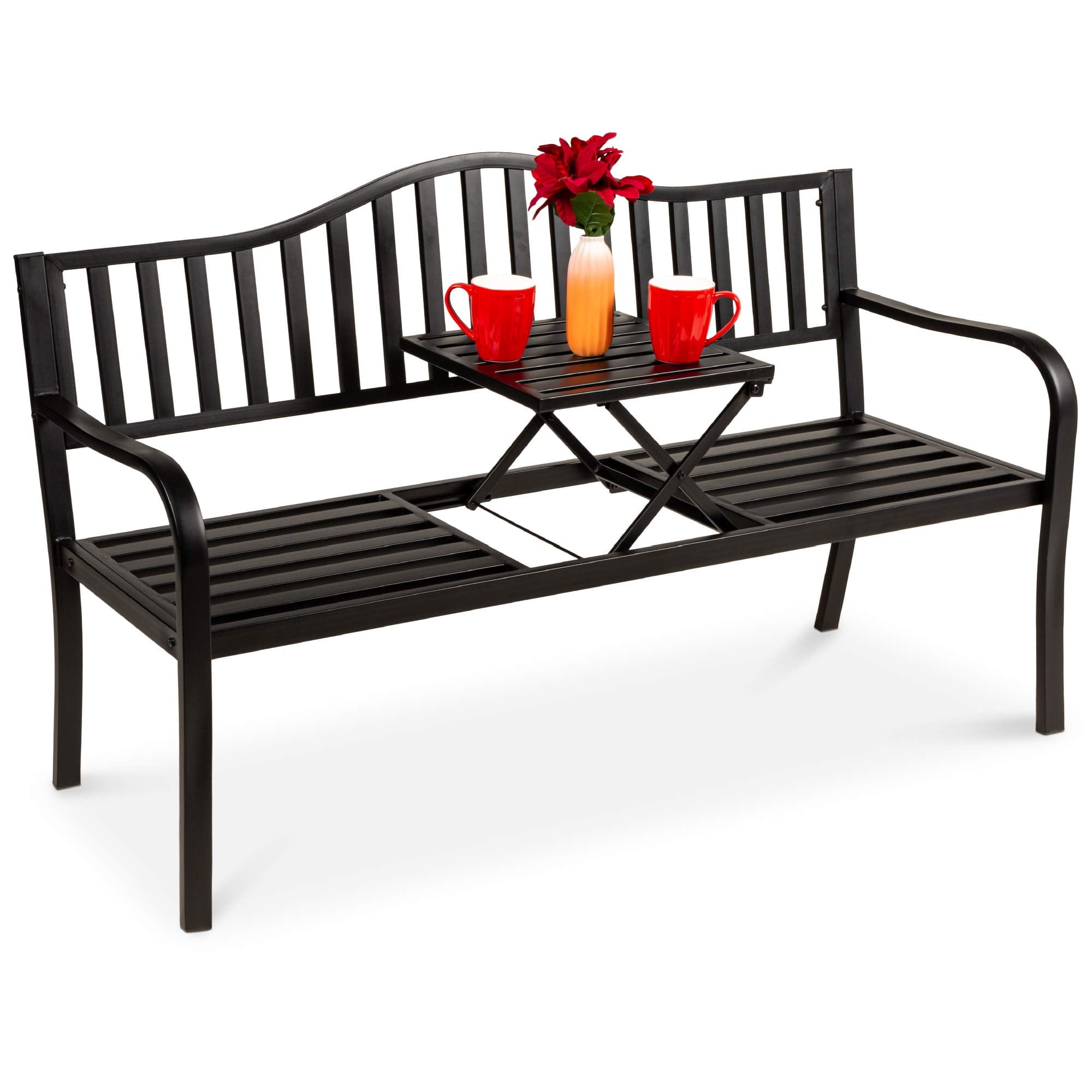 Black Steel Outdoor Bench with Built-In Table, 59"