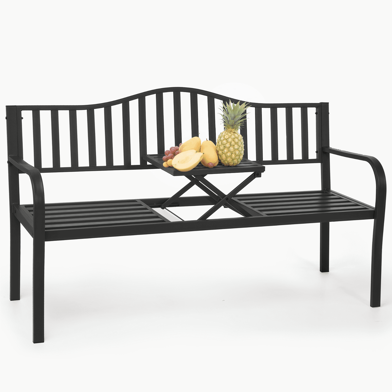 Walmart Deal of Naipo Outdoor Metal Garden Bench 59" Patio Bench with Built in Table Park Bench, Outside Bench Weather Proof Front Porch Bench, 500lbs