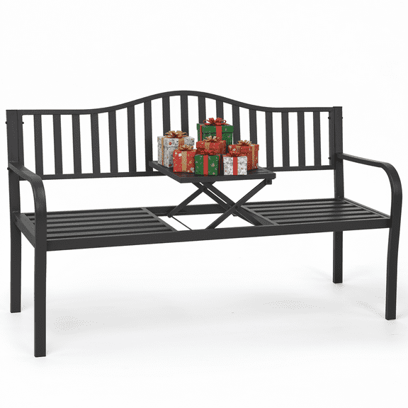 Naipo Outdoor Metal Garden Bench 59" Patio Bench with Built in Table Park Bench, Outside Bench Weather Proof Front Porch Bench, 500lbs